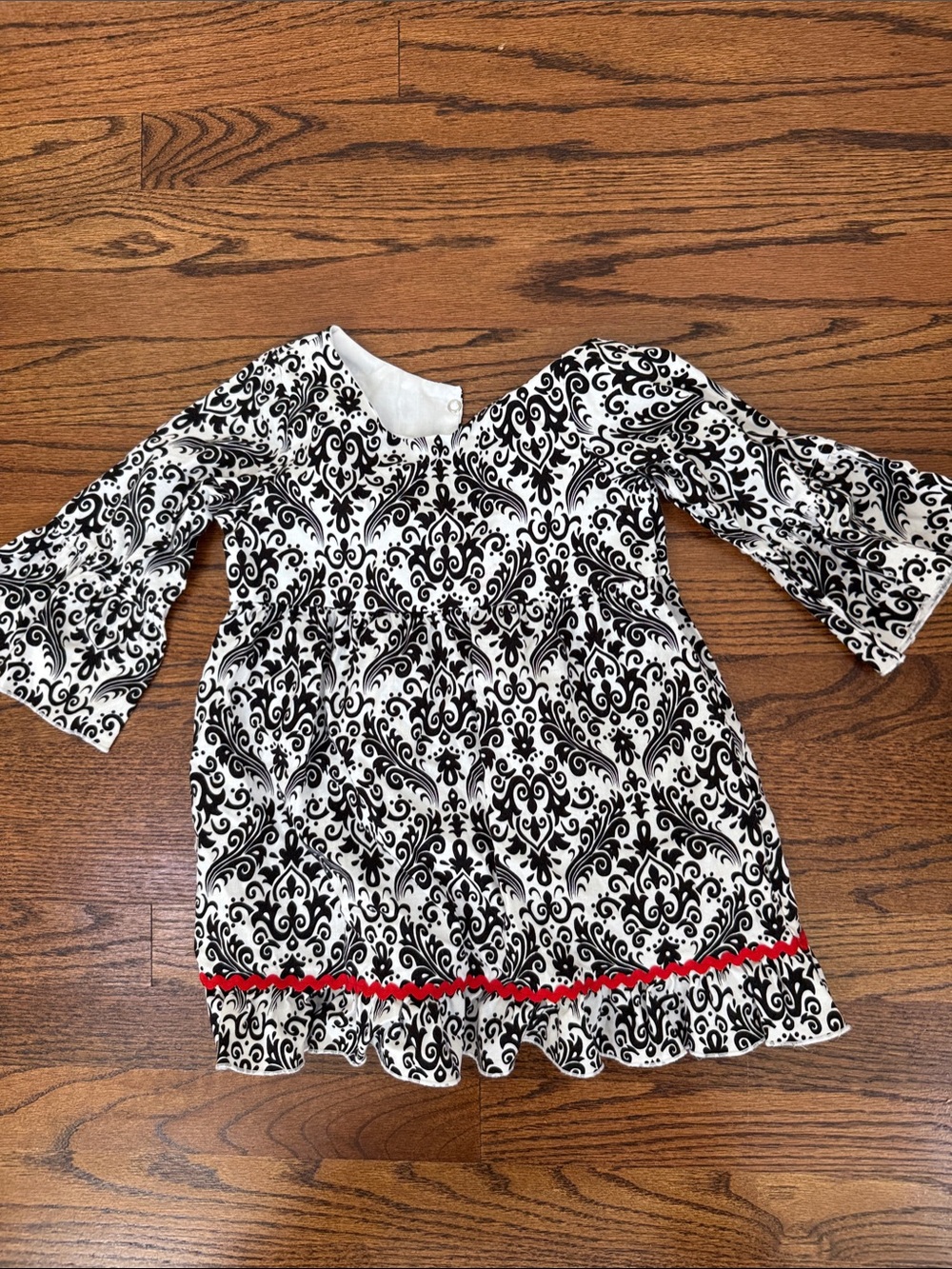 Lolly Wolly - Black & White Damask Girls' Dress with Red Trim